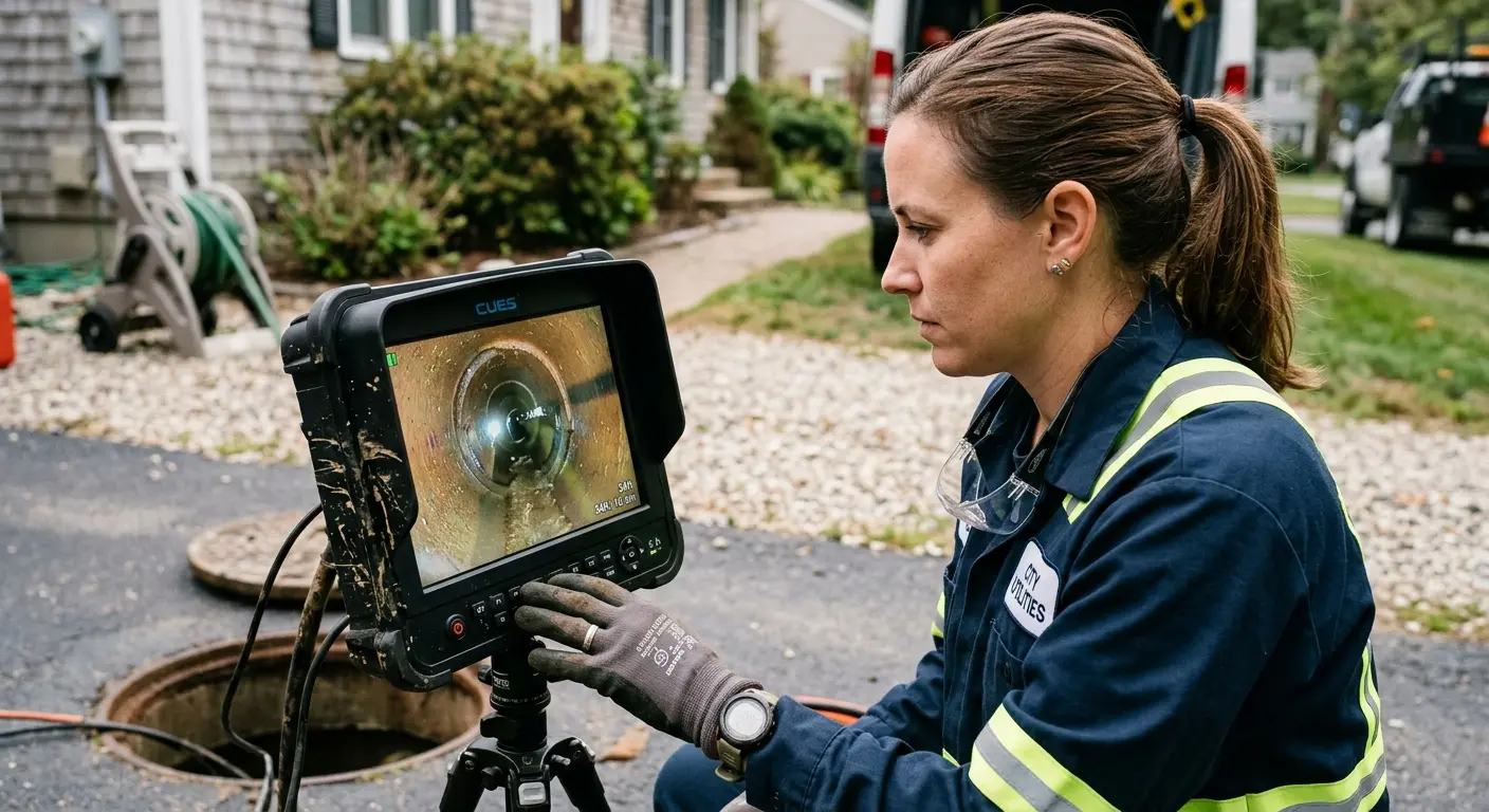 Technician reviewing sewer camera inspection footage in Oak Lawn