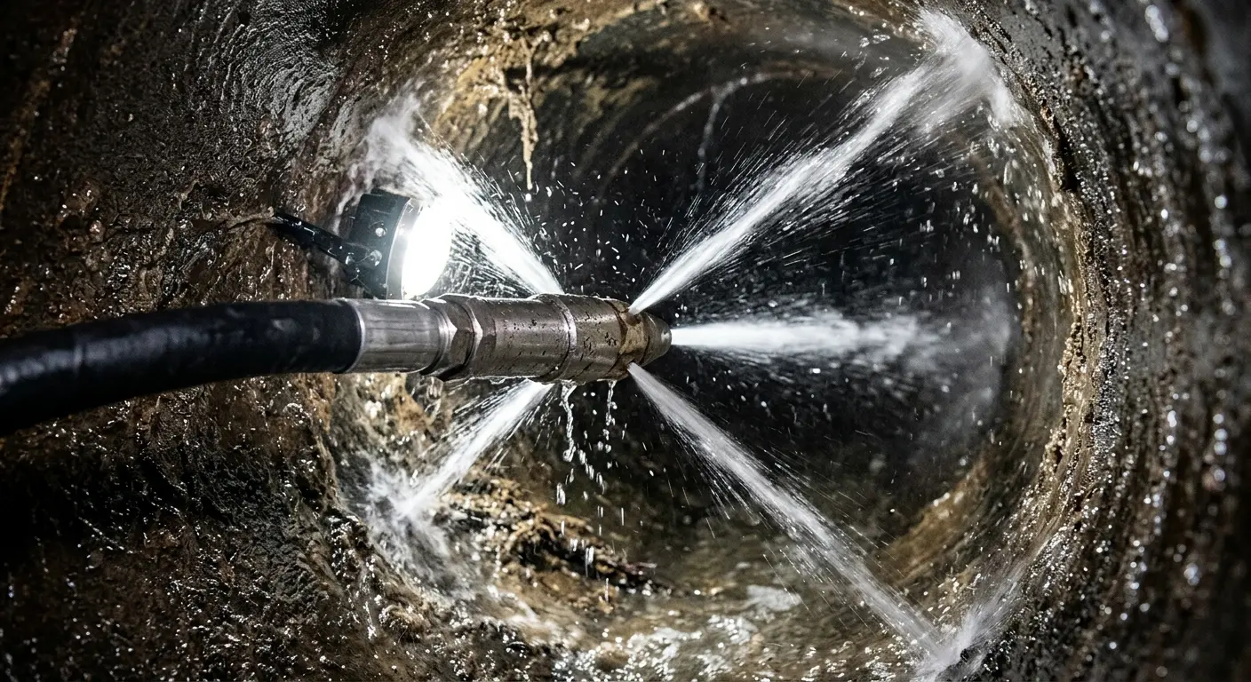 High-pressure hydro jetting nozzle cleaning sewer pipe for Trenchless Sewer Repair in Oak Lawn