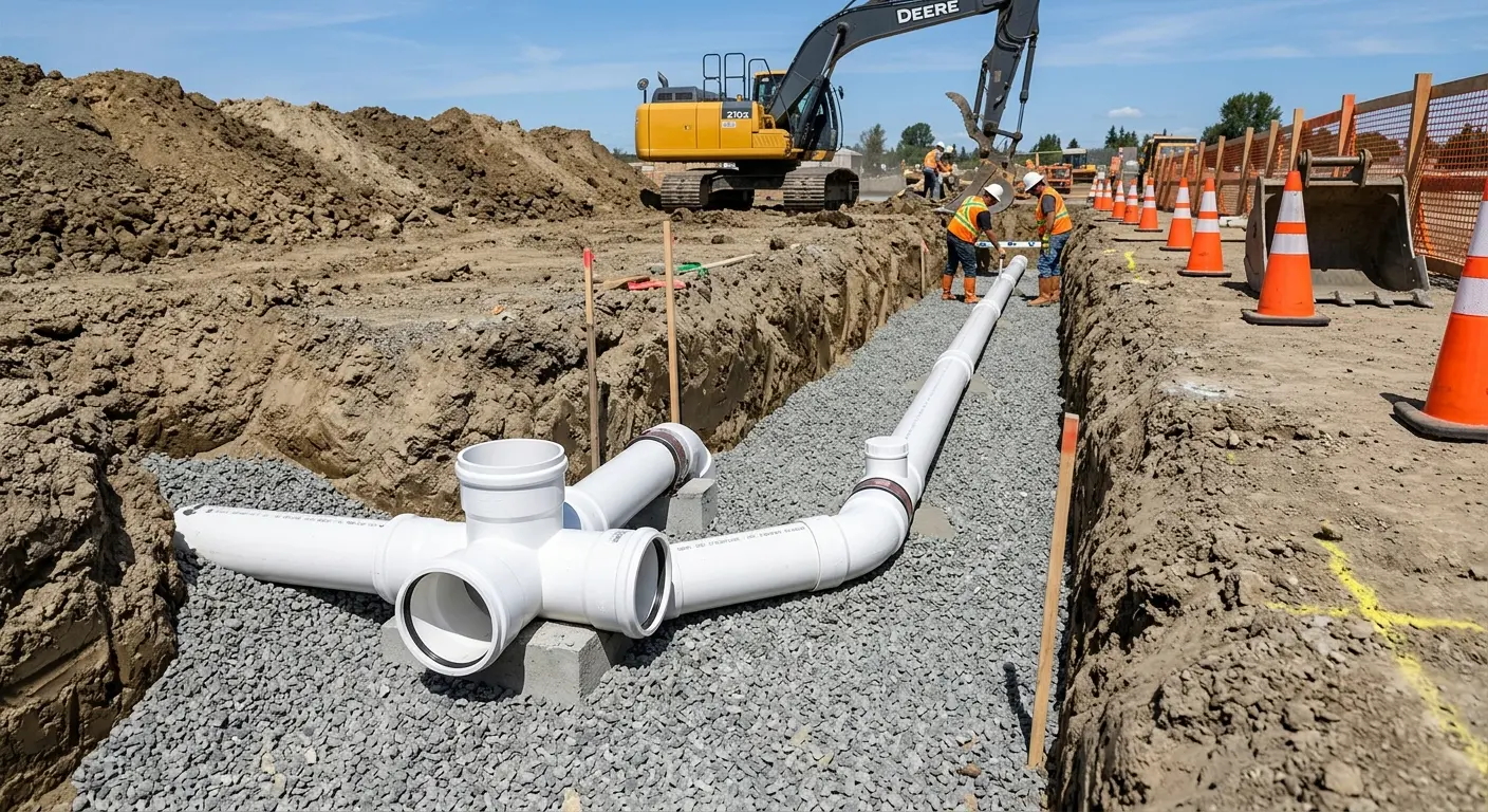 New PVC sewer pipe installation in open trench for Commercial Drain Cleaning in Oak Lawn