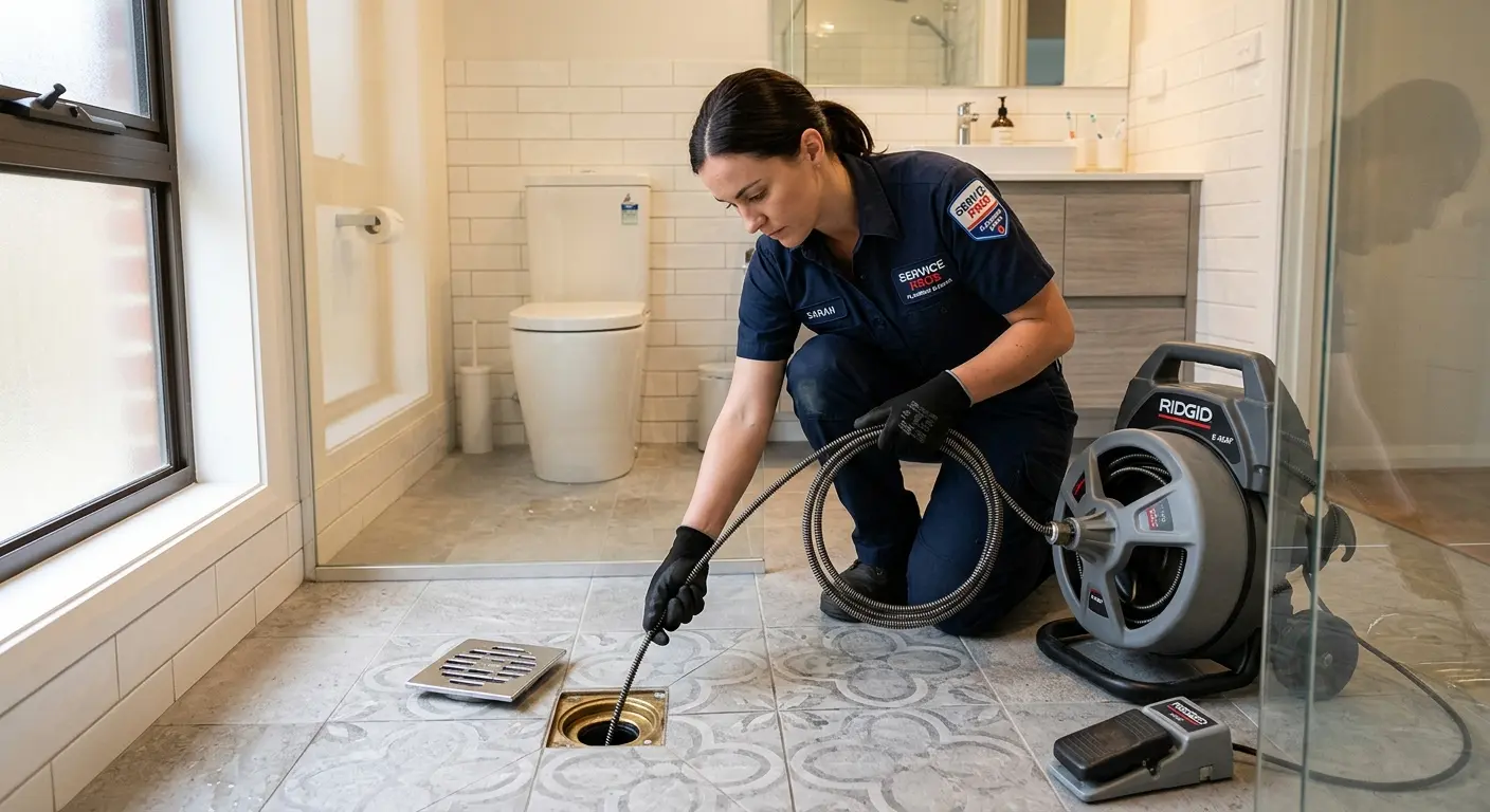 Technician clearing a bathroom floor drain for Sewer Line Installation in Oak Lawn